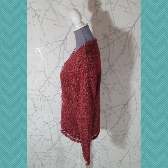 Episcia Heathered Red Cotton Knit Crewneck Sweater w/ Snowman - Picture 3 of 6